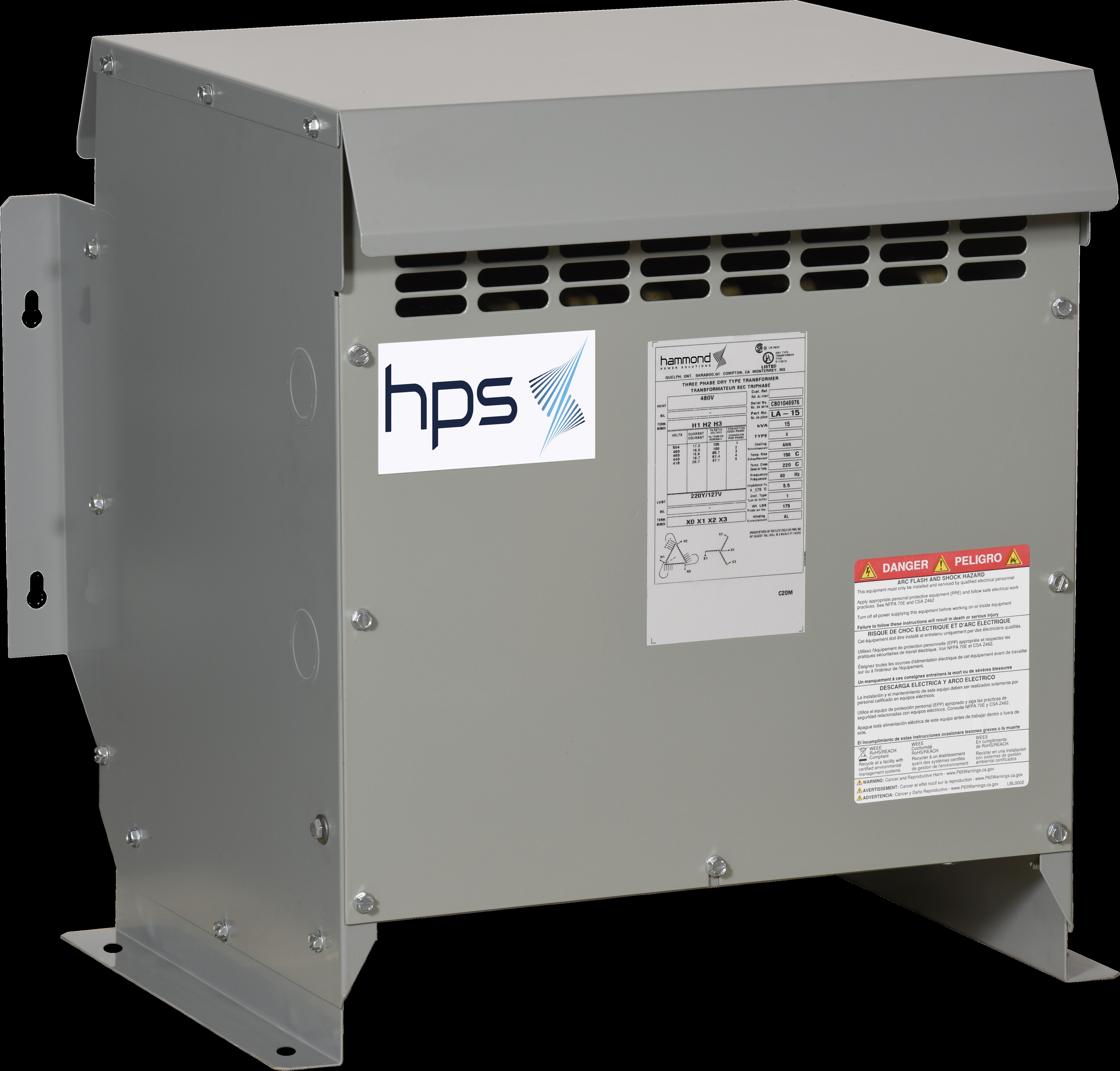HAMMOND. Transfromador Tipo Seco  15 kVA, 440,480D-220/127Y Al, Nema3R ExpressL